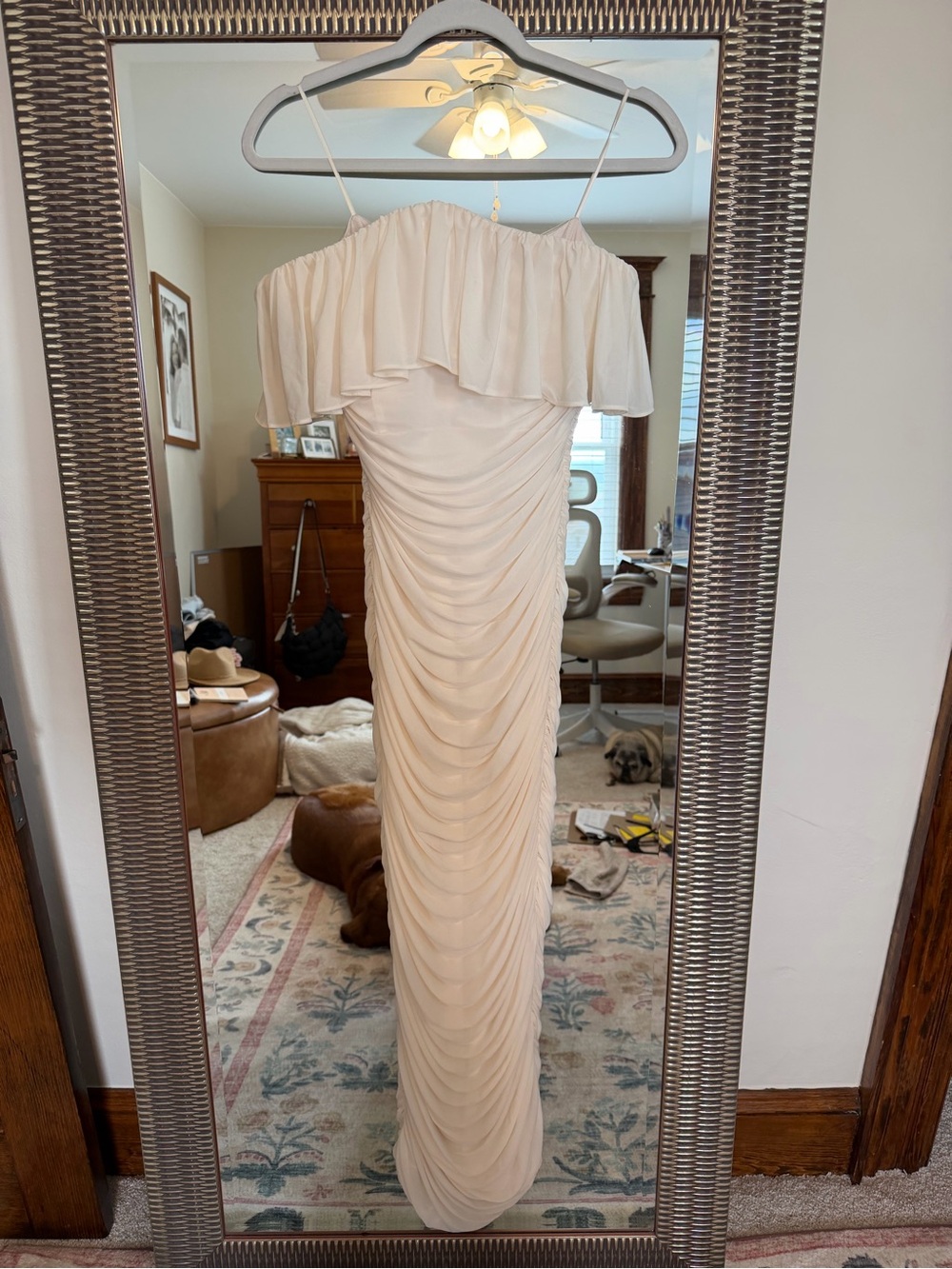 Ronny Kobo Collection Cream Strapless Ruffled Ruched Maxi Dress